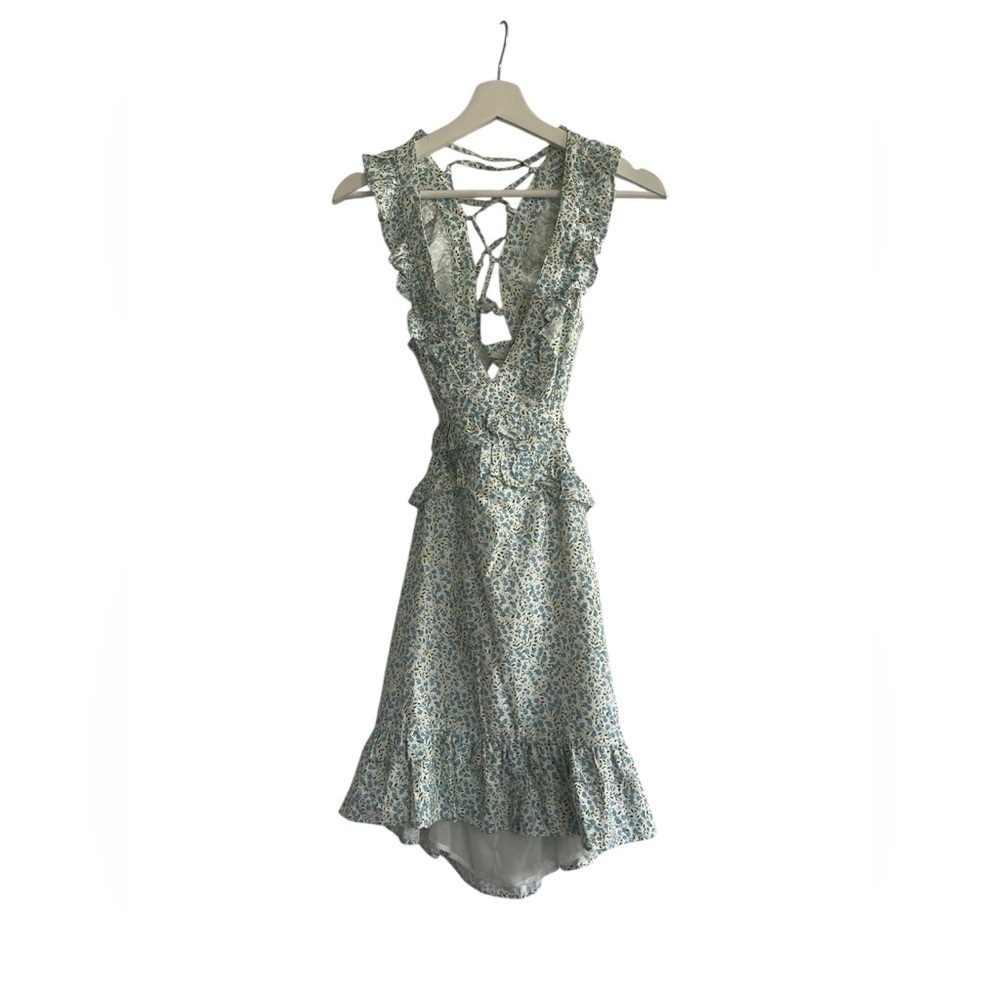 STORIA Floral Ruffle Boho Dress Backless Lace-Up Coquette Fairycore Mini Size M